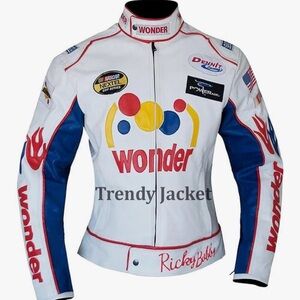 Women's White and Blue Leather Jacket